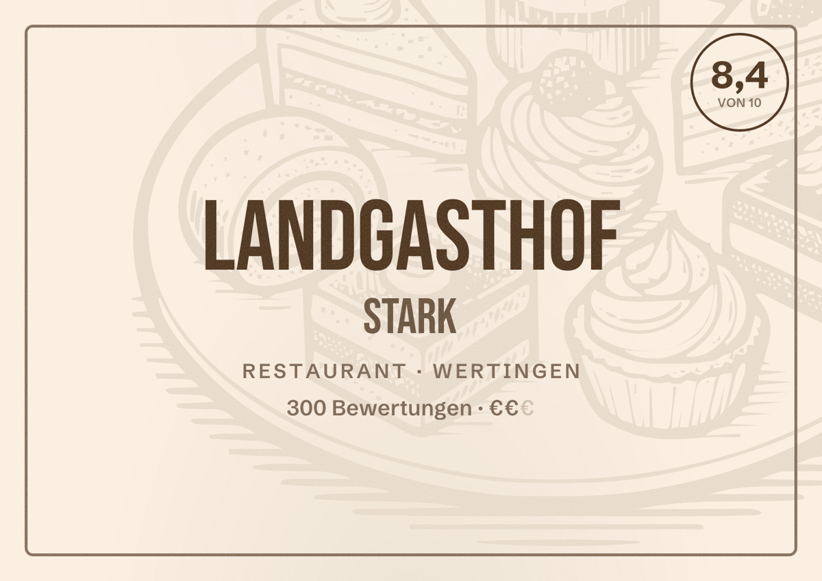 Illustriertes Poster von Landgasthof Stark, Restaurant in Wertingen: Bewertung 8,4 von 10 aus 300 Bewertungen, Preisniveau €€