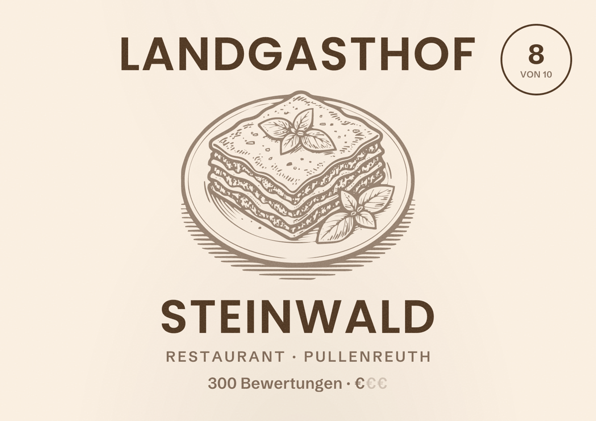 Illustriertes Poster von Landgasthof Steinwald, Restaurant in Pullenreuth: Bewertung 8 von 10 aus 300 Bewertungen, Preisniveau €