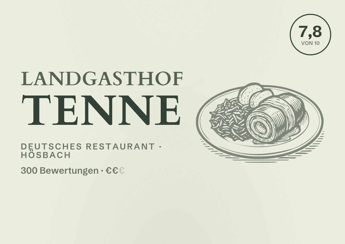 Illustriertes Poster von Landgasthof Tenne, Deutsches Restaurant in Hösbach: Bewertung 7,8 von 10 aus 300 Bewertungen, Preisniveau €€