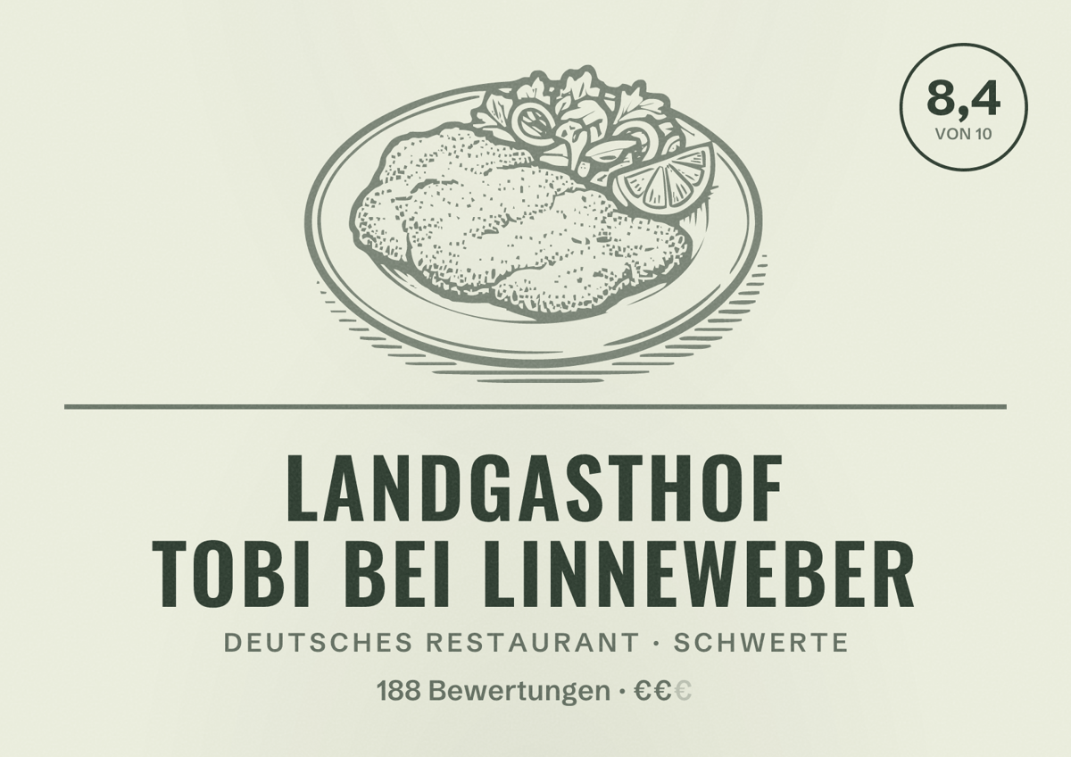 Illustriertes Poster von Landgasthof Tobi bei Linneweber, Deutsches Restaurant in Schwerte: Bewertung 8,4 von 10 aus 188 Bewertungen, Preisniveau €€