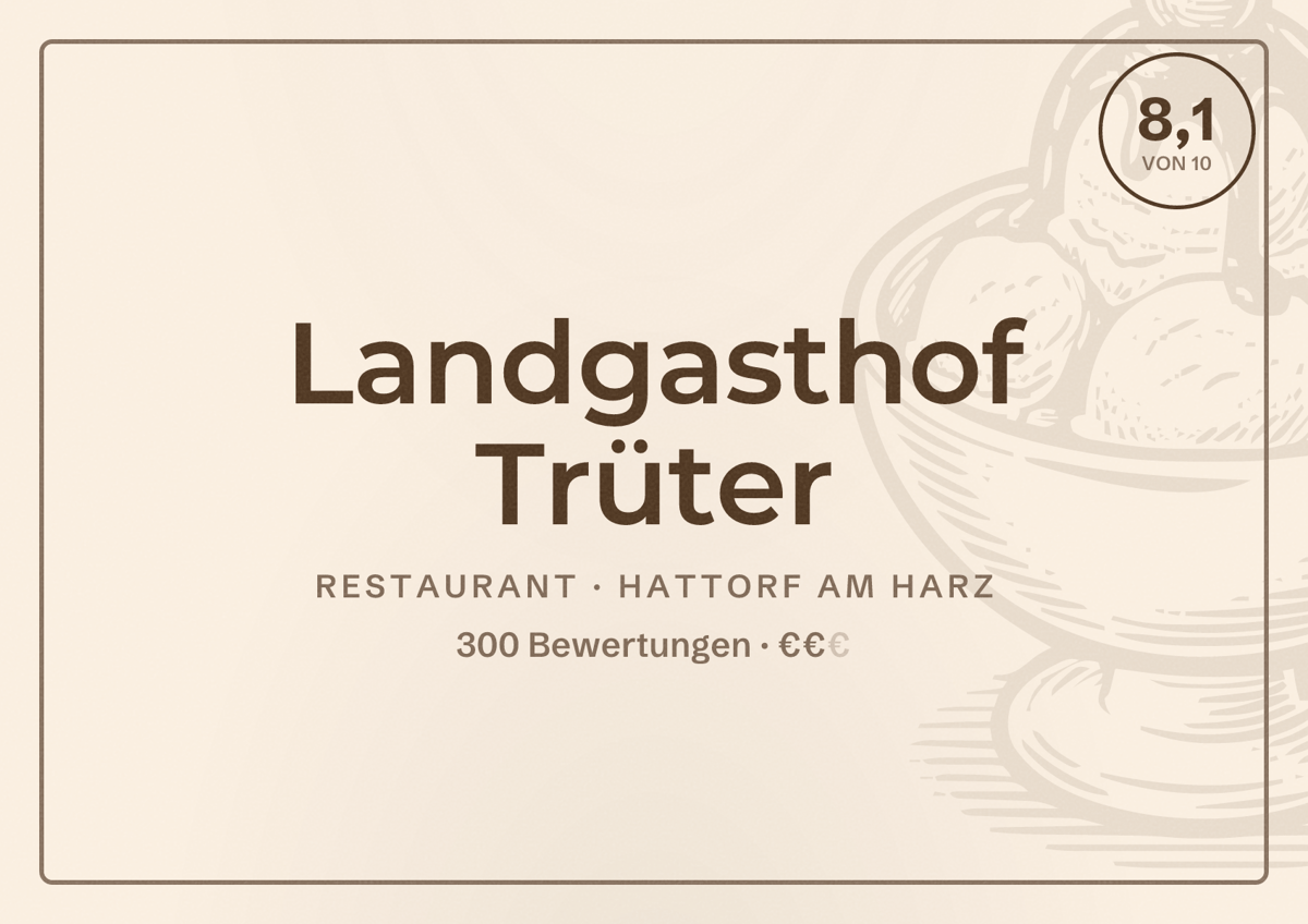 Illustriertes Poster von Landgasthof Trüter, Restaurant in Hattorf am Harz: Bewertung 8,1 von 10 aus 300 Bewertungen, Preisniveau €€