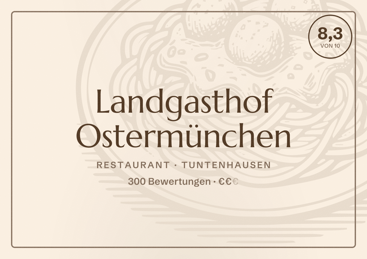 Illustriertes Poster von Landgasthof Ostermünchen, Restaurant in Tuntenhausen: Bewertung 8,3 von 10 aus 300 Bewertungen, Preisniveau €€