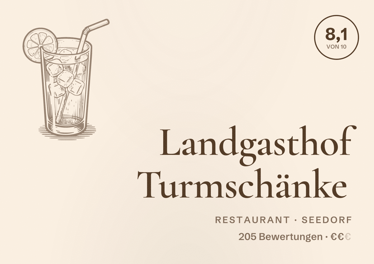 Illustriertes Poster von Landgasthof Turmschänke, Restaurant in Seedorf: Bewertung 8,1 von 10 aus 205 Bewertungen, Preisniveau €€