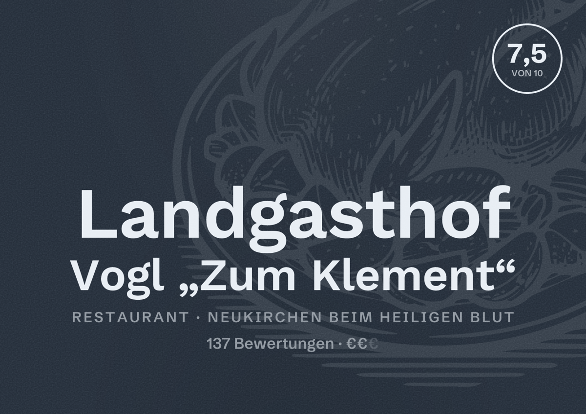 Illustriertes Poster von Landgasthof Vogl „Zum Klement“, Restaurant in Neukirchen beim Heiligen Blut: Bewertung 7,5 von 10 aus 137 Bewertungen, Preisniveau €€