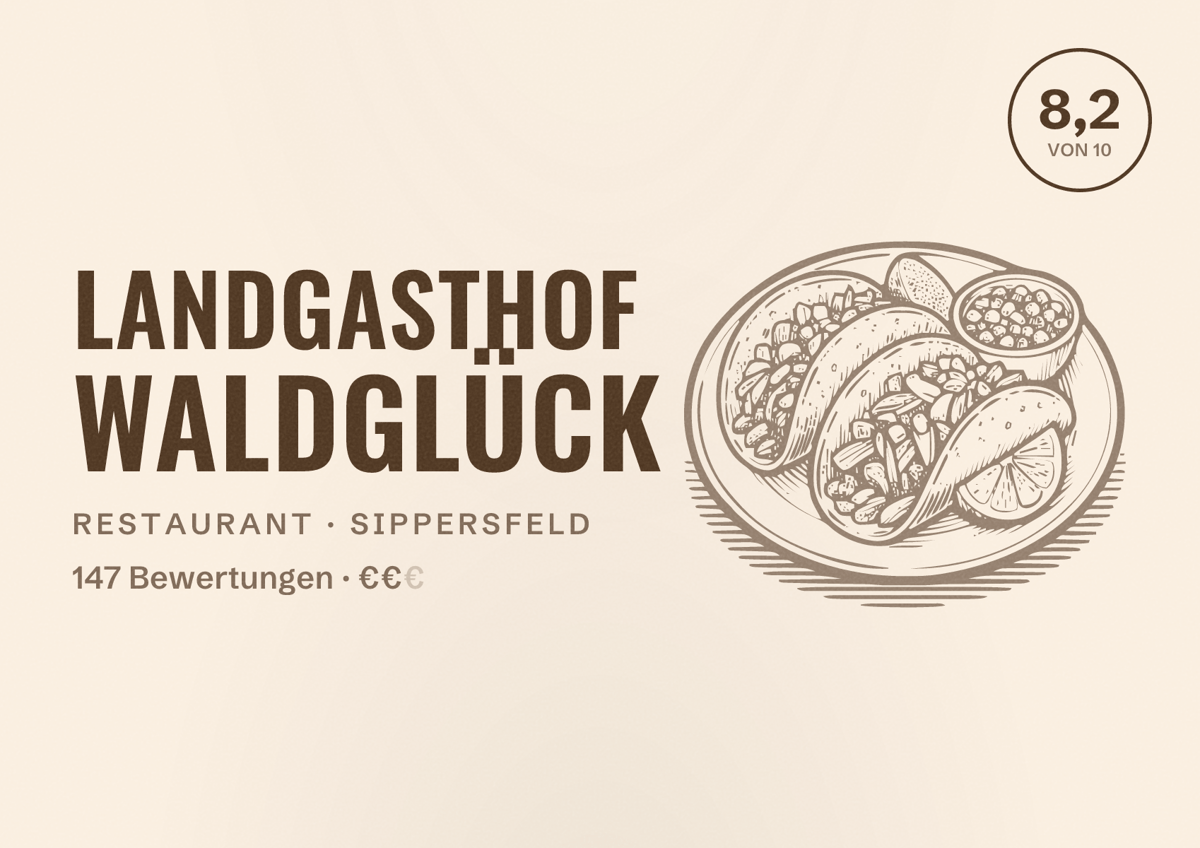 Illustriertes Poster von Landgasthof Waldglück, Restaurant in Sippersfeld: Bewertung 8,2 von 10 aus 147 Bewertungen, Preisniveau €€