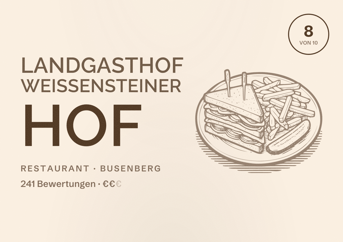 Illustriertes Poster von Landgasthof Weißensteiner Hof, Restaurant in Busenberg: Bewertung 8 von 10 aus 241 Bewertungen, Preisniveau €€