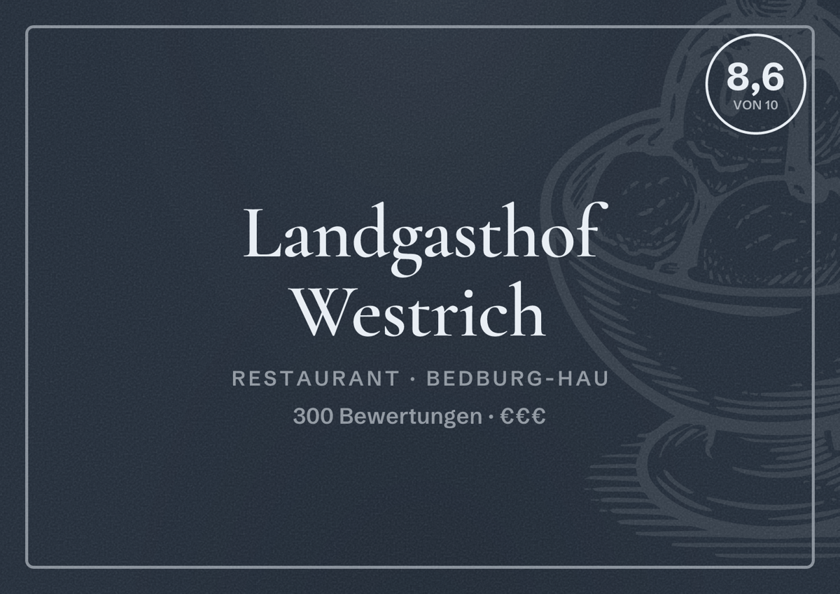 Illustriertes Poster von Landgasthof Westrich, Restaurant in Bedburg-Hau: Bewertung 8,6 von 10 aus 300 Bewertungen, Preisniveau €€€