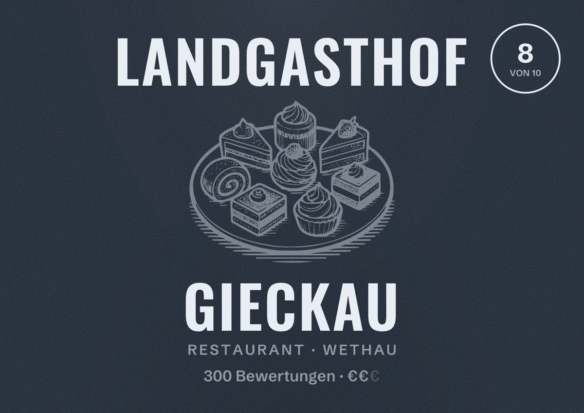 Illustriertes Poster von Landgasthof Gieckau, Restaurant in Wethau: Bewertung 8 von 10 aus 300 Bewertungen, Preisniveau €€