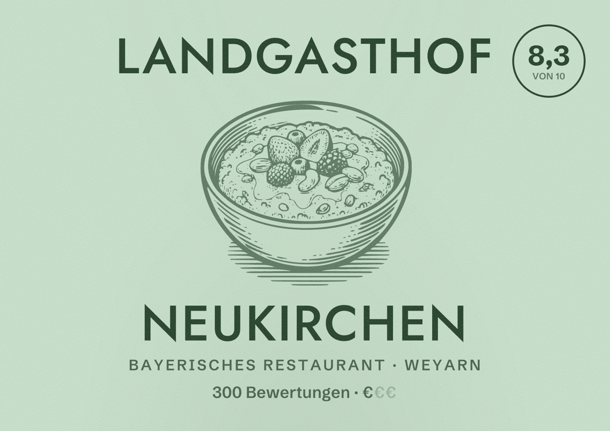 Illustriertes Poster von Landgasthof Neukirchen, Bayerisches Restaurant in Weyarn: Bewertung 8,3 von 10 aus 300 Bewertungen, Preisniveau €