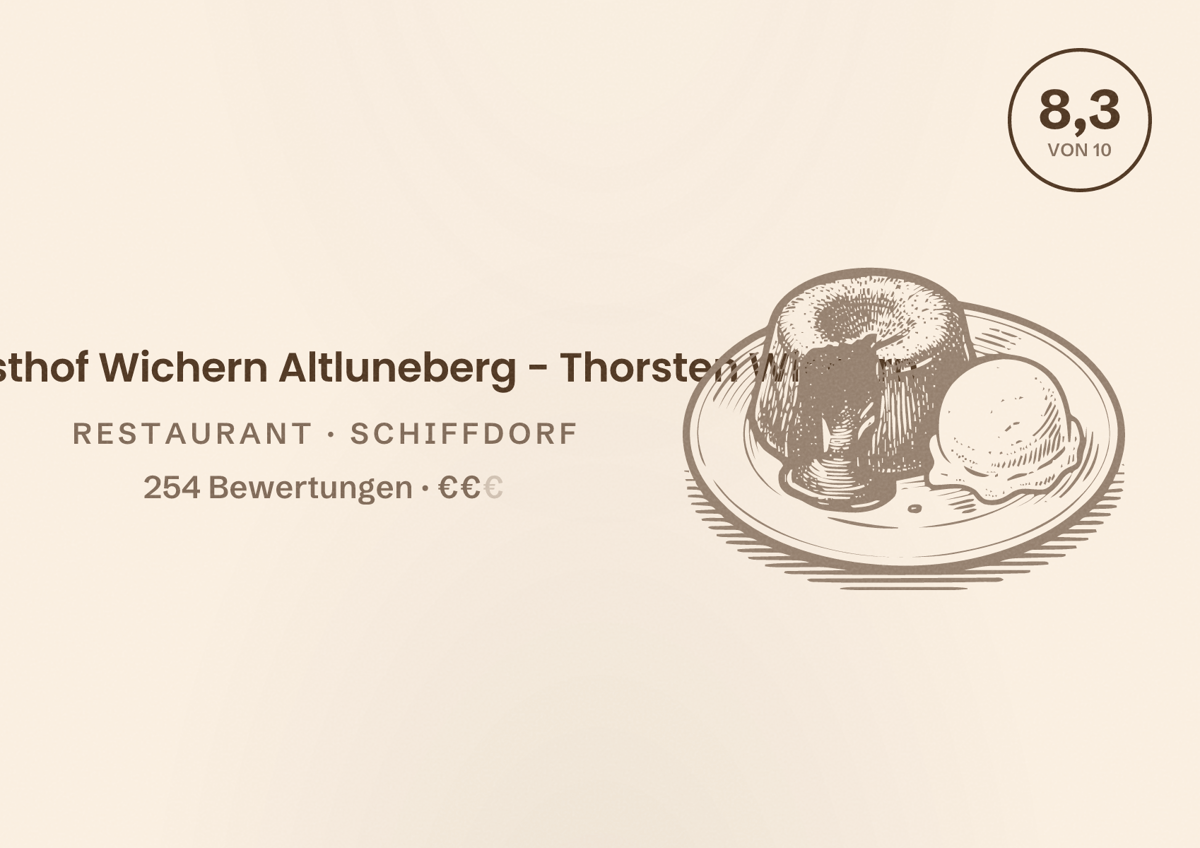 Illustriertes Poster von Landgasthof Wichern Altluneberg - Thorsten Wichern, Restaurant in Schiffdorf: Bewertung 8,3 von 10 aus 254 Bewertungen, Preisniveau €€