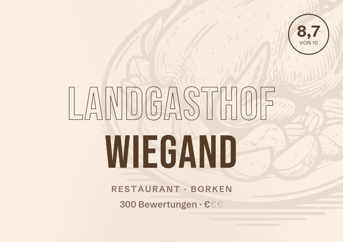 Illustriertes Poster von Landgasthof Wiegand, Restaurant in Borken: Bewertung 8,7 von 10 aus 300 Bewertungen, Preisniveau €