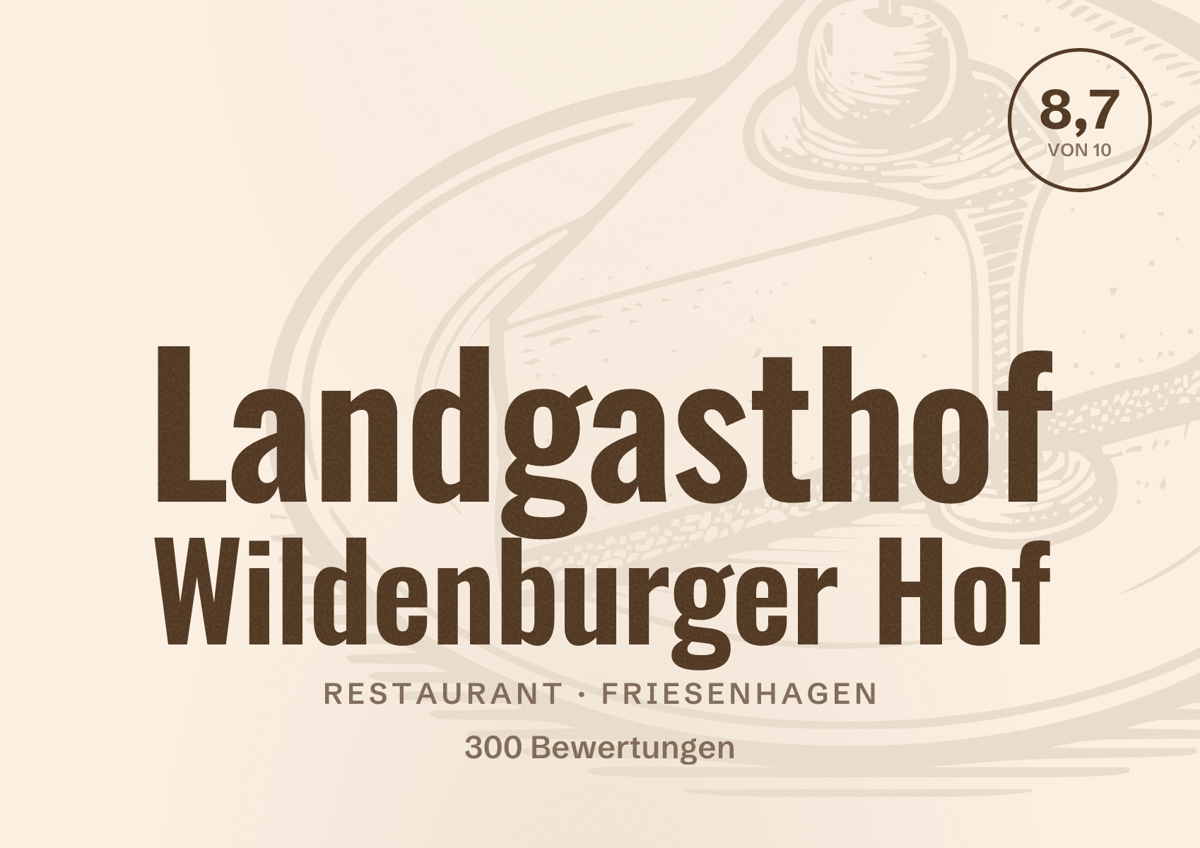 Illustriertes Poster von Landgasthof Wildenburger Hof, Restaurant in Friesenhagen: Bewertung 8,7 von 10 aus 300 Bewertungen