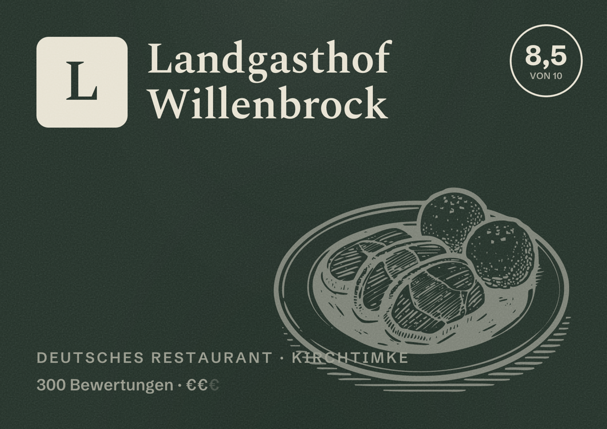 Illustriertes Poster von Landgasthof Willenbrock, Deutsches Restaurant in Kirchtimke: Bewertung 8,5 von 10 aus 300 Bewertungen, Preisniveau €€