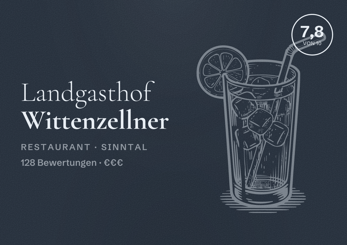 Illustriertes Poster von Landgasthof Wittenzellner, Restaurant in Sinntal: Bewertung 7,8 von 10 aus 128 Bewertungen, Preisniveau €€€