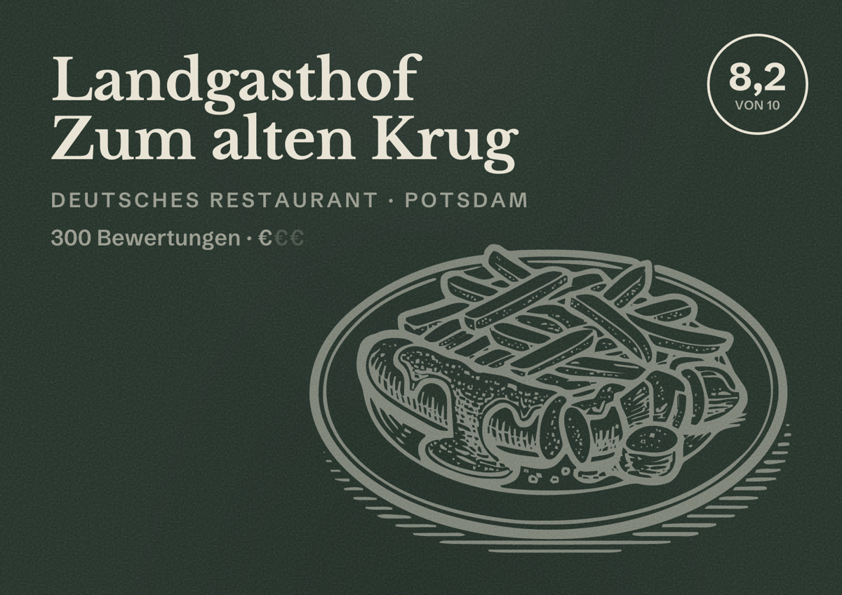 Illustriertes Poster von Landgasthof Zum alten Krug, Deutsches Restaurant in Potsdam: Bewertung 8,2 von 10 aus 300 Bewertungen, Preisniveau €