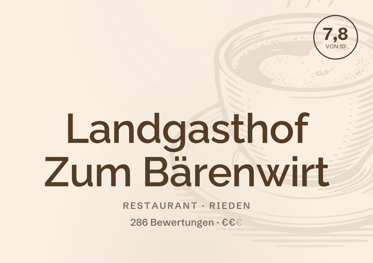 Illustriertes Poster von Landgasthof Zum Bärenwirt, Restaurant in Rieden: Bewertung 7,8 von 10 aus 286 Bewertungen, Preisniveau €€