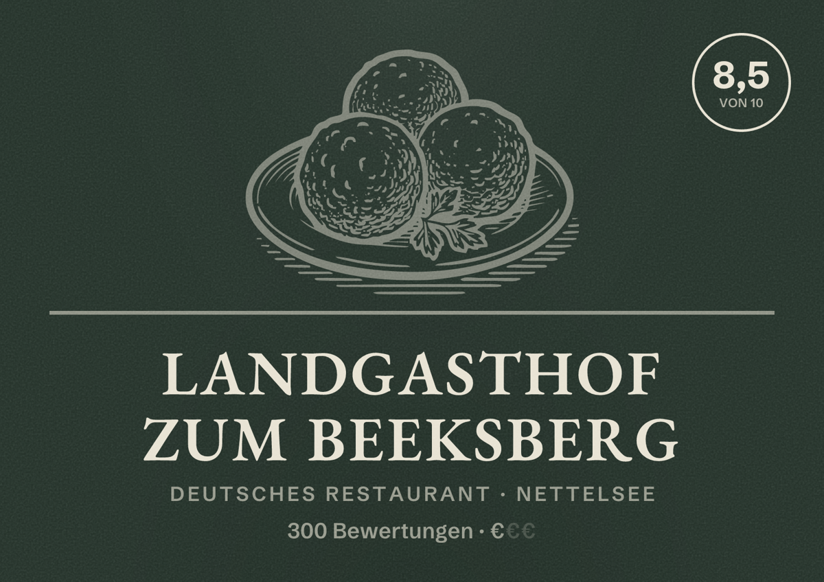 Illustriertes Poster von Landgasthof Zum Beeksberg, Deutsches Restaurant in Nettelsee: Bewertung 8,5 von 10 aus 300 Bewertungen, Preisniveau €