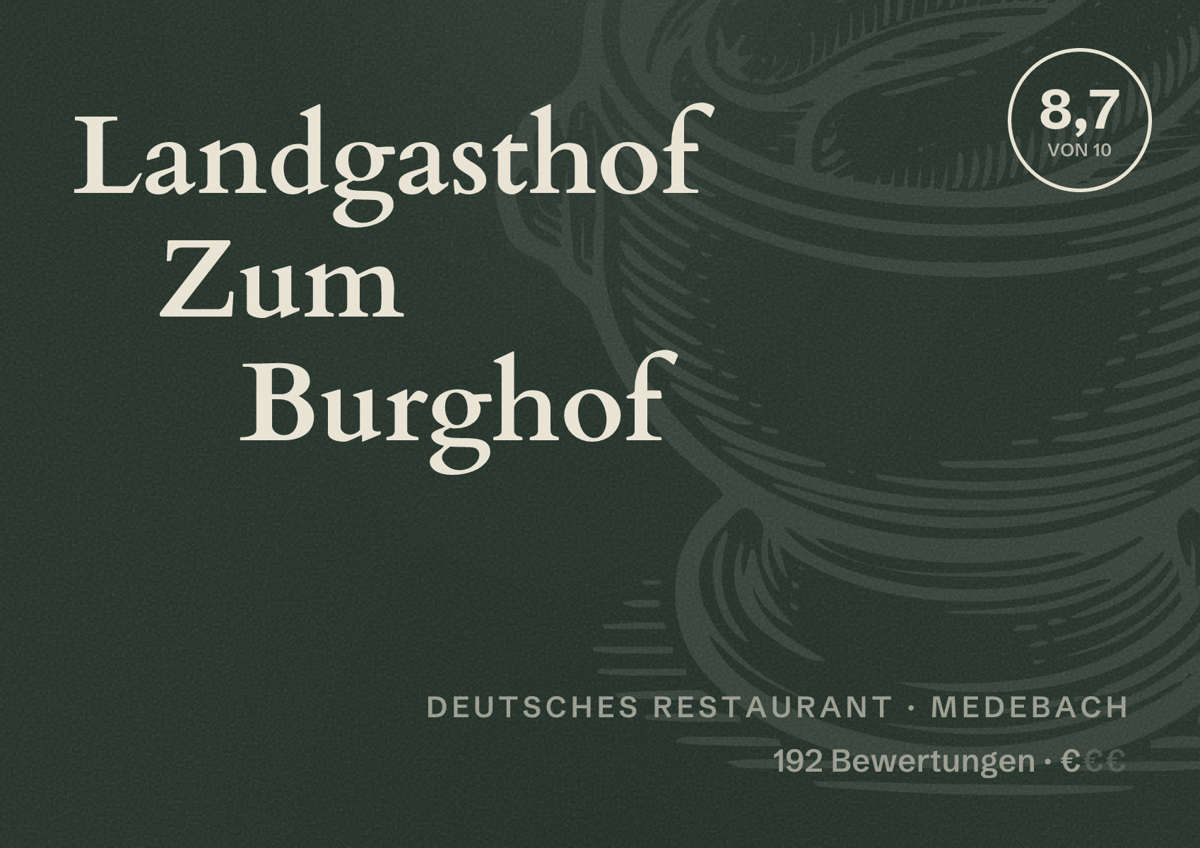 Illustriertes Poster von Landgasthof Zum Burghof, Deutsches Restaurant in Medebach: Bewertung 8,7 von 10 aus 192 Bewertungen, Preisniveau €