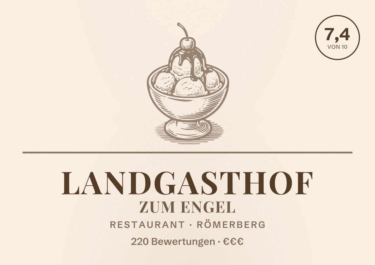 Illustriertes Poster von Landgasthof zum Engel, Restaurant in Römerberg: Bewertung 7,4 von 10 aus 220 Bewertungen, Preisniveau €€€