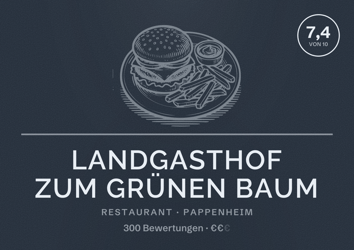 Illustriertes Poster von Landgasthof zum Grünen Baum, Restaurant in Pappenheim: Bewertung 7,4 von 10 aus 300 Bewertungen, Preisniveau €€