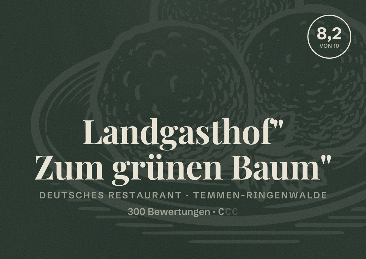 Illustriertes Poster von Landgasthof" Zum grünen Baum", Deutsches Restaurant in Temmen-Ringenwalde: Bewertung 8,2 von 10 aus 300 Bewertungen, Preisniveau €