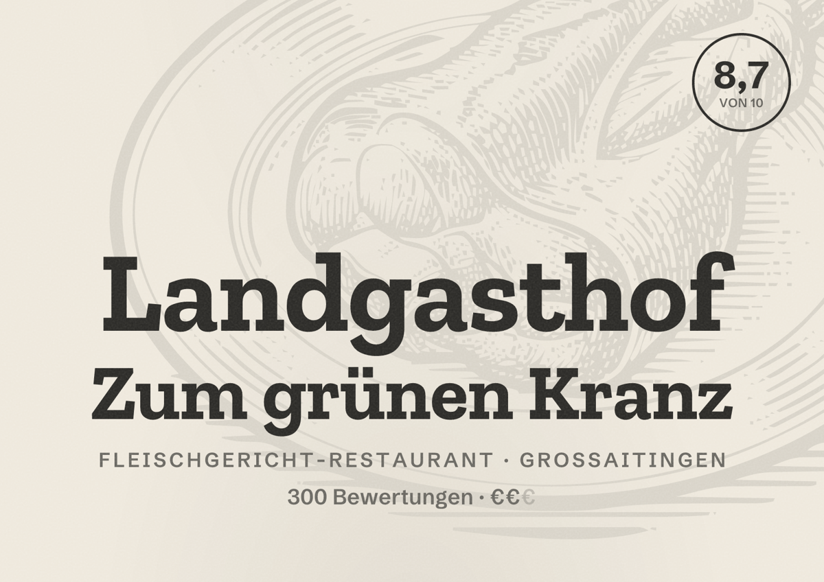 Illustriertes Poster von Landgasthof Zum grünen Kranz, Fleischgericht-Restaurant in Großaitingen: Bewertung 8,7 von 10 aus 300 Bewertungen, Preisniveau €€