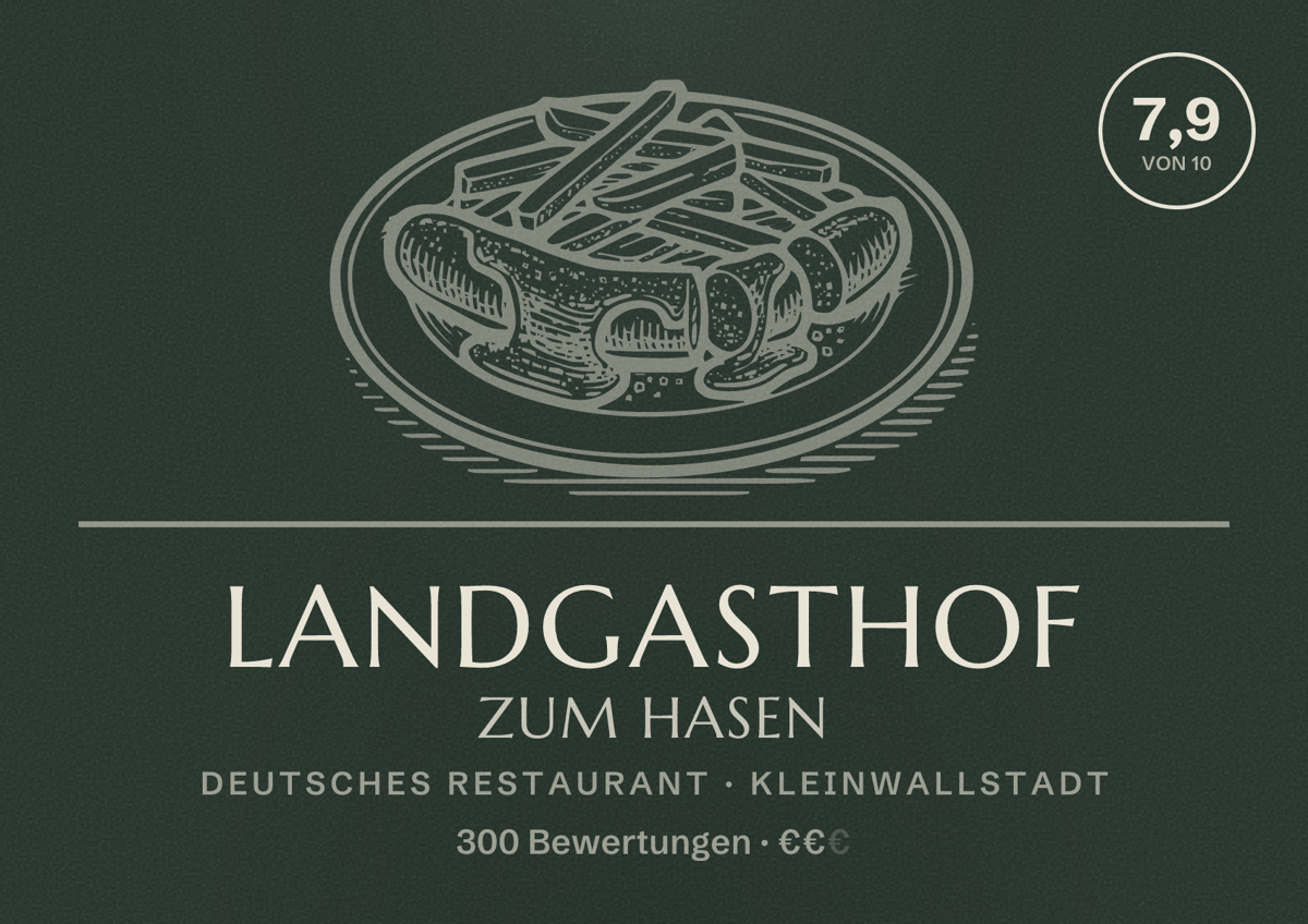 Illustriertes Poster von Landgasthof Zum Hasen, Deutsches Restaurant in Kleinwallstadt: Bewertung 7,9 von 10 aus 300 Bewertungen, Preisniveau €€