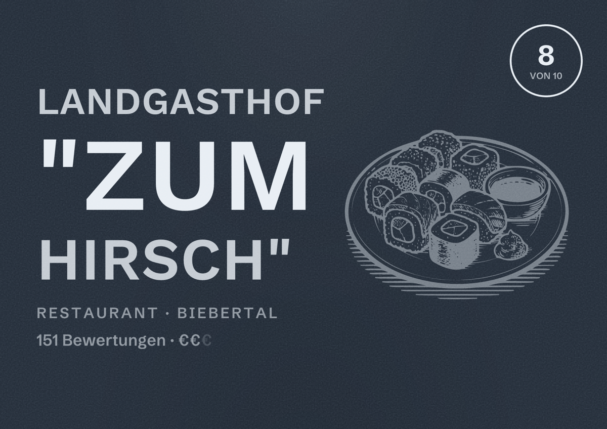 Illustriertes Poster von Landgasthof "Zum Hirsch", Restaurant in Biebertal: Bewertung 8 von 10 aus 151 Bewertungen, Preisniveau €€