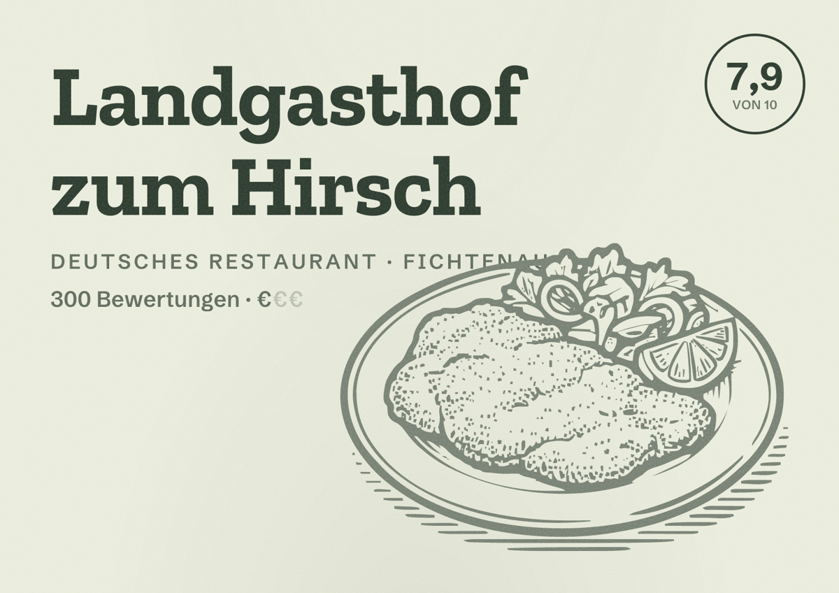 Illustriertes Poster von Landgasthof zum Hirsch, Deutsches Restaurant in Fichtenau: Bewertung 7,9 von 10 aus 300 Bewertungen, Preisniveau €