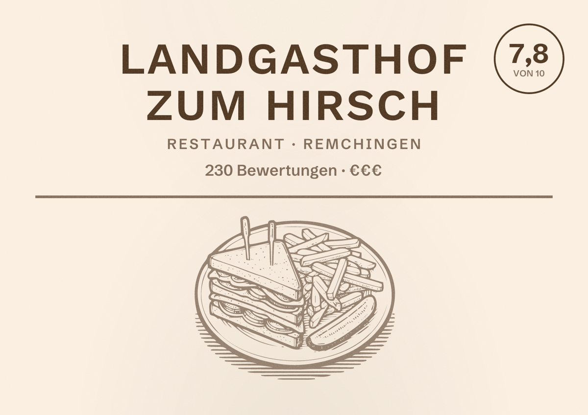 Illustriertes Poster von Landgasthof Zum Hirsch, Restaurant in Remchingen: Bewertung 7,8 von 10 aus 230 Bewertungen, Preisniveau €€€