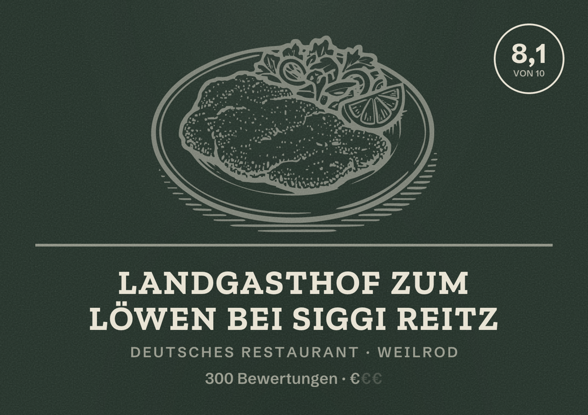 Illustriertes Poster von Landgasthof Zum Löwen bei Siggi Reitz, Deutsches Restaurant in Weilrod: Bewertung 8,1 von 10 aus 300 Bewertungen, Preisniveau €