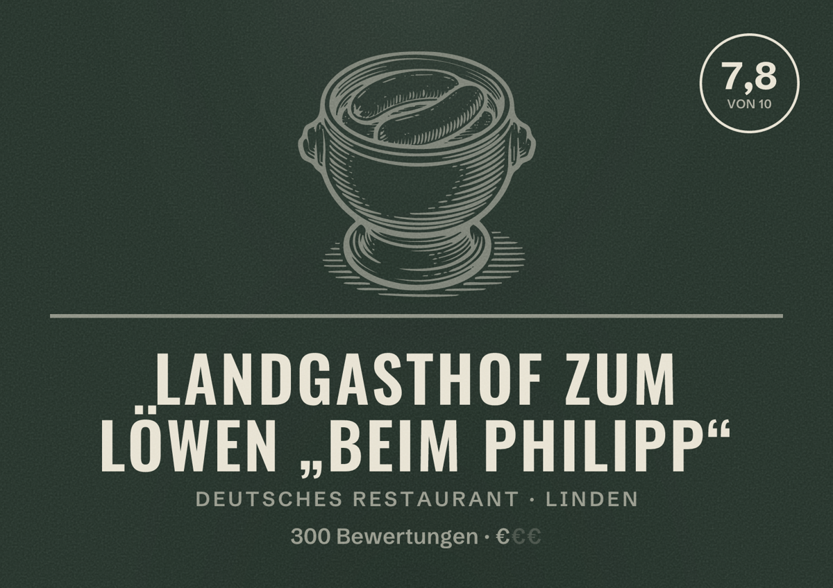 Illustriertes Poster von Landgasthof Zum Löwen „beim Philipp“, Deutsches Restaurant in Linden: Bewertung 7,8 von 10 aus 300 Bewertungen, Preisniveau €