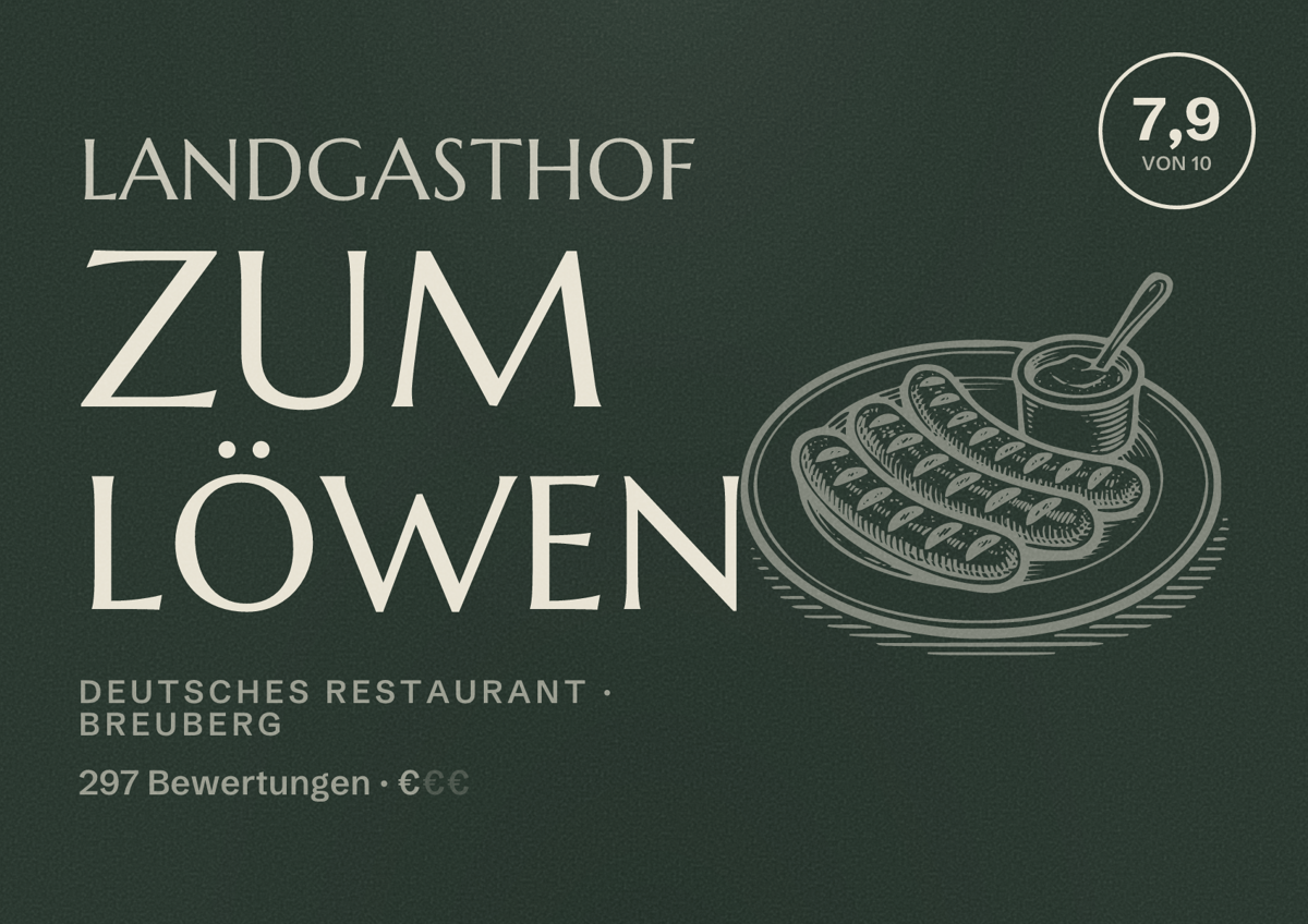 Illustriertes Poster von Landgasthof Zum Löwen, Deutsches Restaurant in Breuberg: Bewertung 7,9 von 10 aus 297 Bewertungen, Preisniveau €
