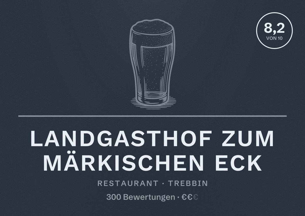 Illustriertes Poster von Landgasthof Zum Märkischen Eck, Restaurant in Trebbin: Bewertung 8,2 von 10 aus 300 Bewertungen, Preisniveau €€
