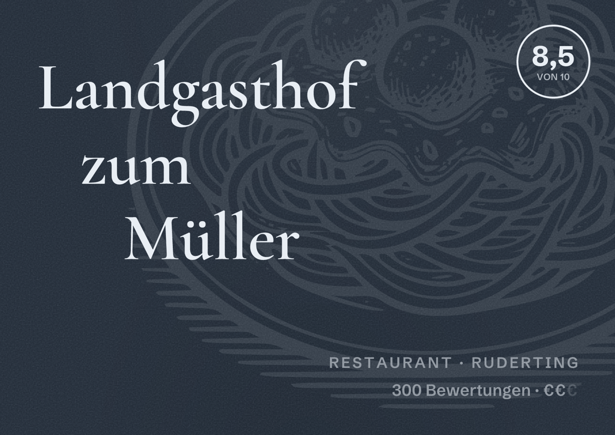 Illustriertes Poster von Landgasthof zum Müller, Restaurant in Ruderting: Bewertung 8,5 von 10 aus 300 Bewertungen, Preisniveau €€