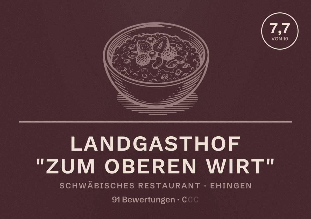 Illustriertes Poster von Landgasthof "Zum Oberen Wirt", Schwäbisches Restaurant in Ehingen: Bewertung 7,7 von 10 aus 91 Bewertungen, Preisniveau €