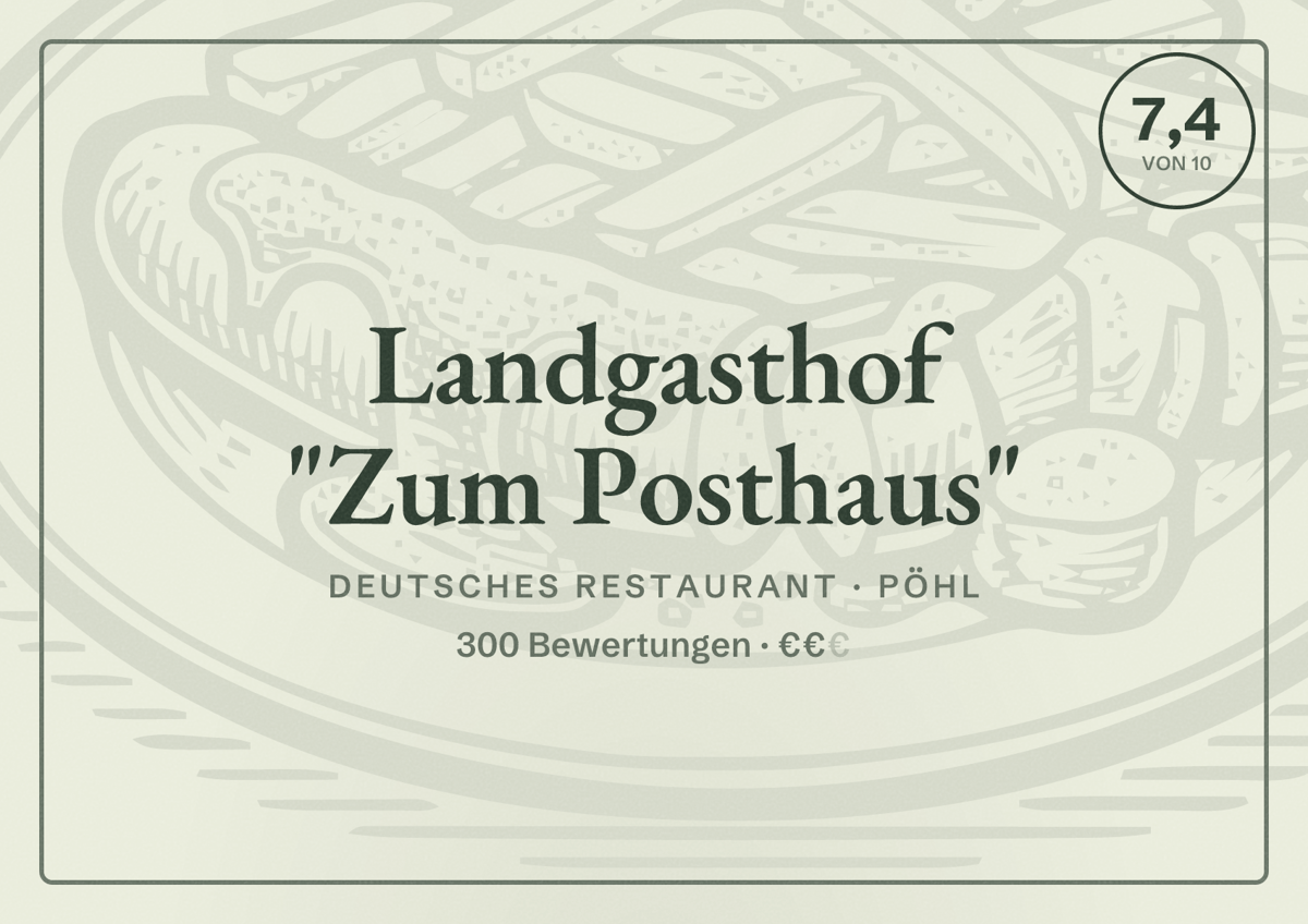 Illustriertes Poster von Landgasthof "Zum Posthaus", Deutsches Restaurant in Pöhl: Bewertung 7,4 von 10 aus 300 Bewertungen, Preisniveau €€