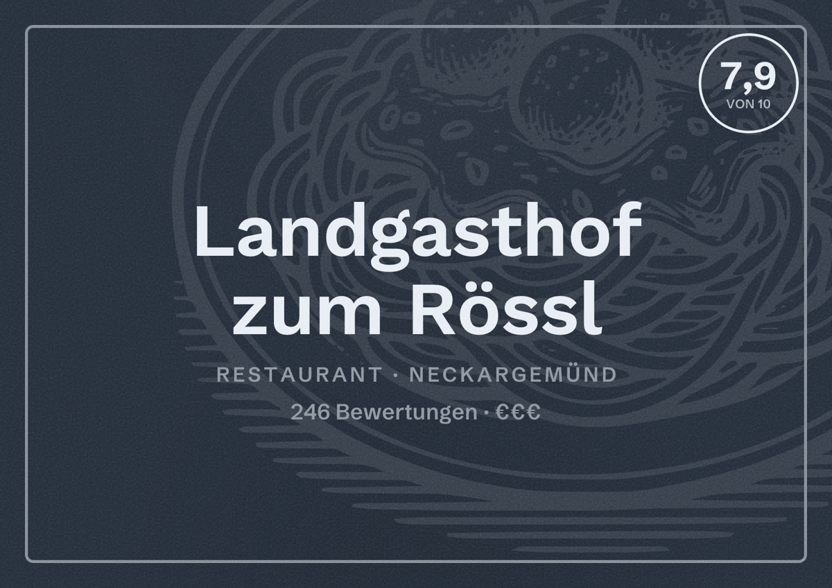 Illustriertes Poster von Landgasthof zum Rössl, Restaurant in Neckargemünd: Bewertung 7,9 von 10 aus 246 Bewertungen, Preisniveau €€€