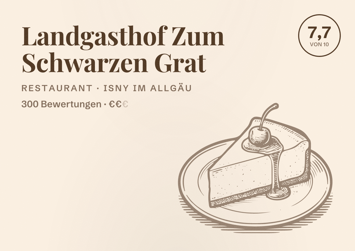 Illustriertes Poster von Landgasthof Zum Schwarzen Grat, Restaurant in Isny im Allgäu: Bewertung 7,7 von 10 aus 300 Bewertungen, Preisniveau €€