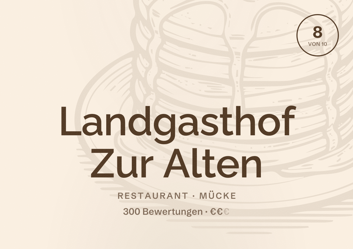 Illustriertes Poster von Landgasthof Zur Alten, Restaurant in Mücke: Bewertung 8 von 10 aus 300 Bewertungen, Preisniveau €€