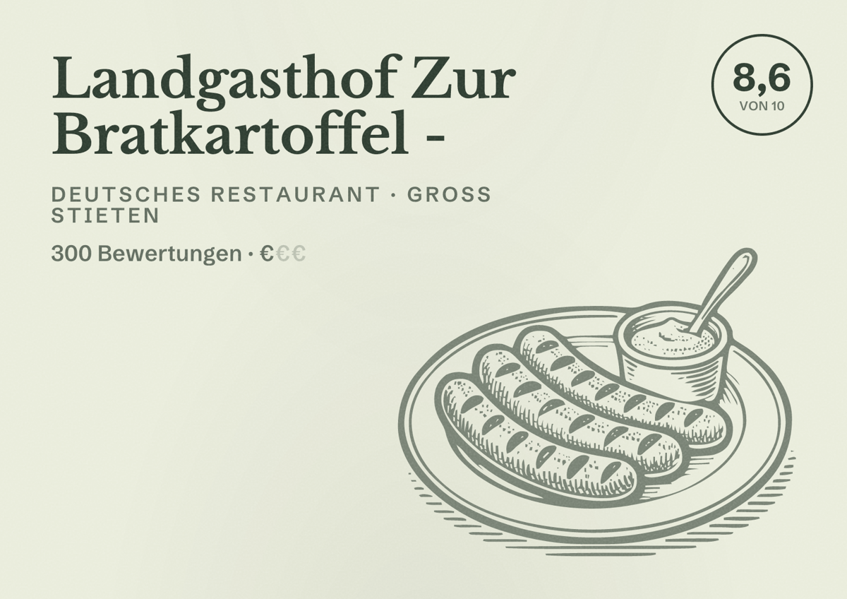 Illustriertes Poster von Landgasthof Zur Bratkartoffel -, Deutsches Restaurant in Groß Stieten: Bewertung 8,6 von 10 aus 300 Bewertungen, Preisniveau €