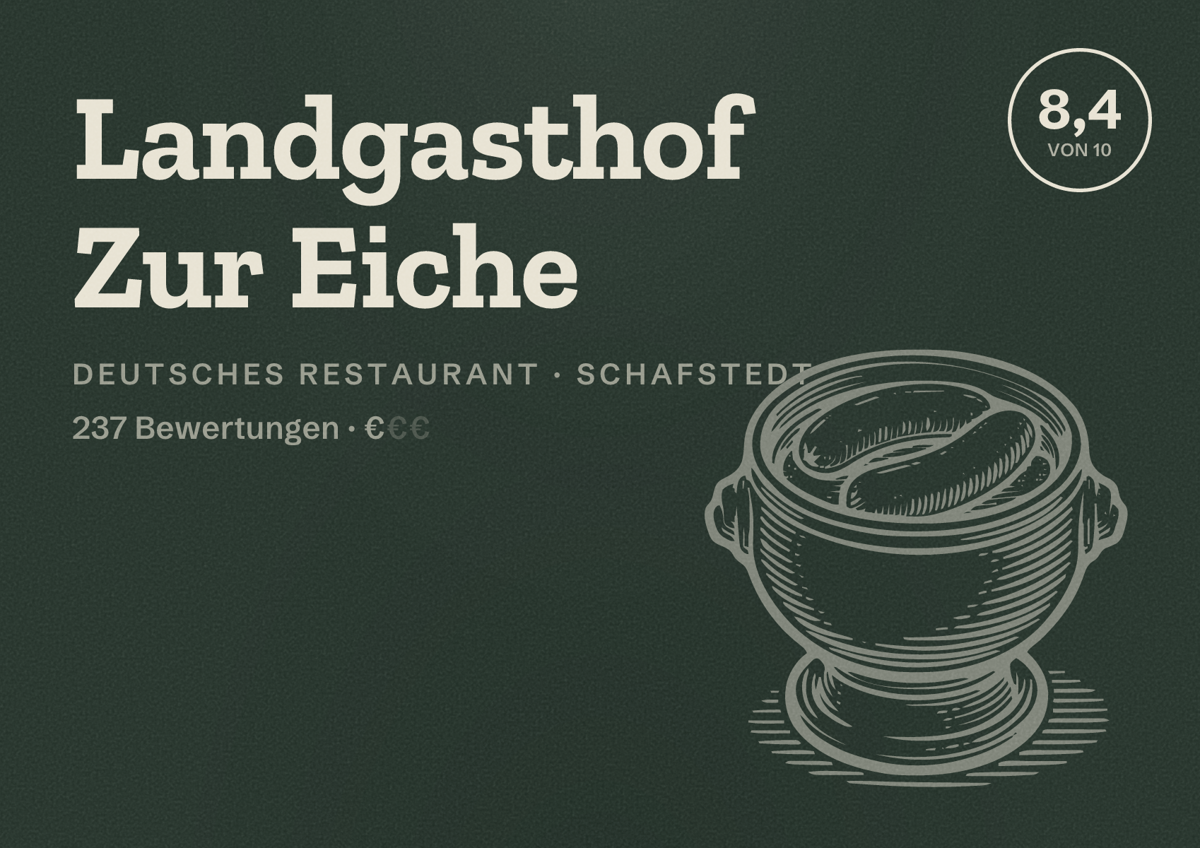 Illustriertes Poster von Landgasthof Zur Eiche, Deutsches Restaurant in Schafstedt: Bewertung 8,4 von 10 aus 237 Bewertungen, Preisniveau €