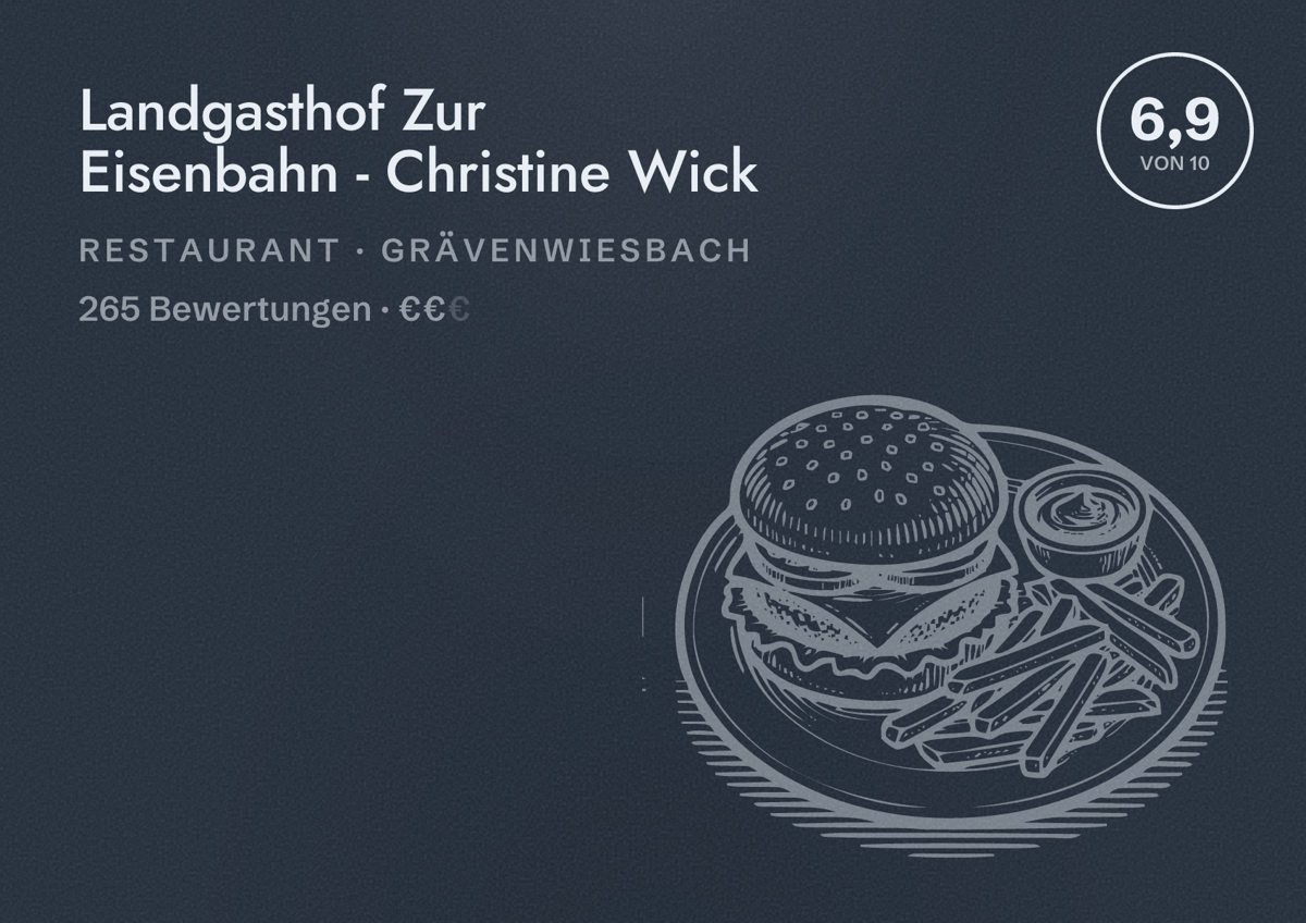 Illustriertes Poster von Landgasthof Zur Eisenbahn - Christine Wick, Restaurant in Grävenwiesbach: Bewertung 6,9 von 10 aus 265 Bewertungen, Preisniveau €€