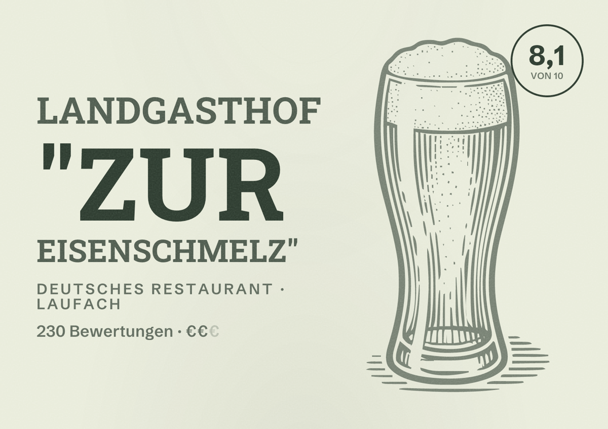 Illustriertes Poster von Landgasthof "Zur Eisenschmelz", Deutsches Restaurant in Laufach: Bewertung 8,1 von 10 aus 230 Bewertungen, Preisniveau €€