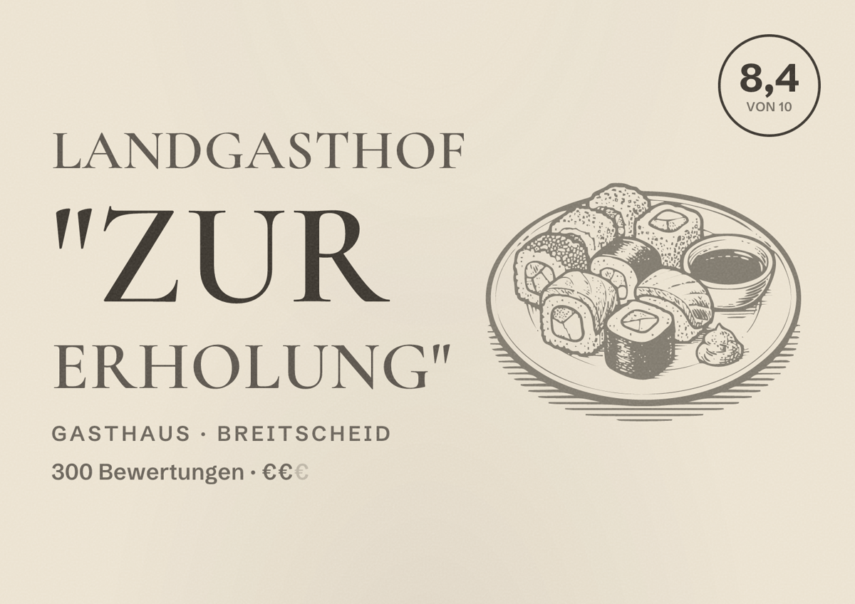 Illustriertes Poster von Landgasthof "Zur Erholung", Gasthaus in Breitscheid: Bewertung 8,4 von 10 aus 300 Bewertungen, Preisniveau €€