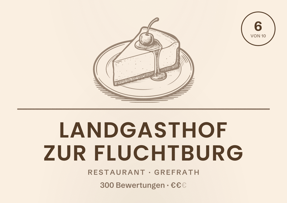 Illustriertes Poster von Landgasthof zur Fluchtburg, Restaurant in Grefrath: Bewertung 6 von 10 aus 300 Bewertungen, Preisniveau €€