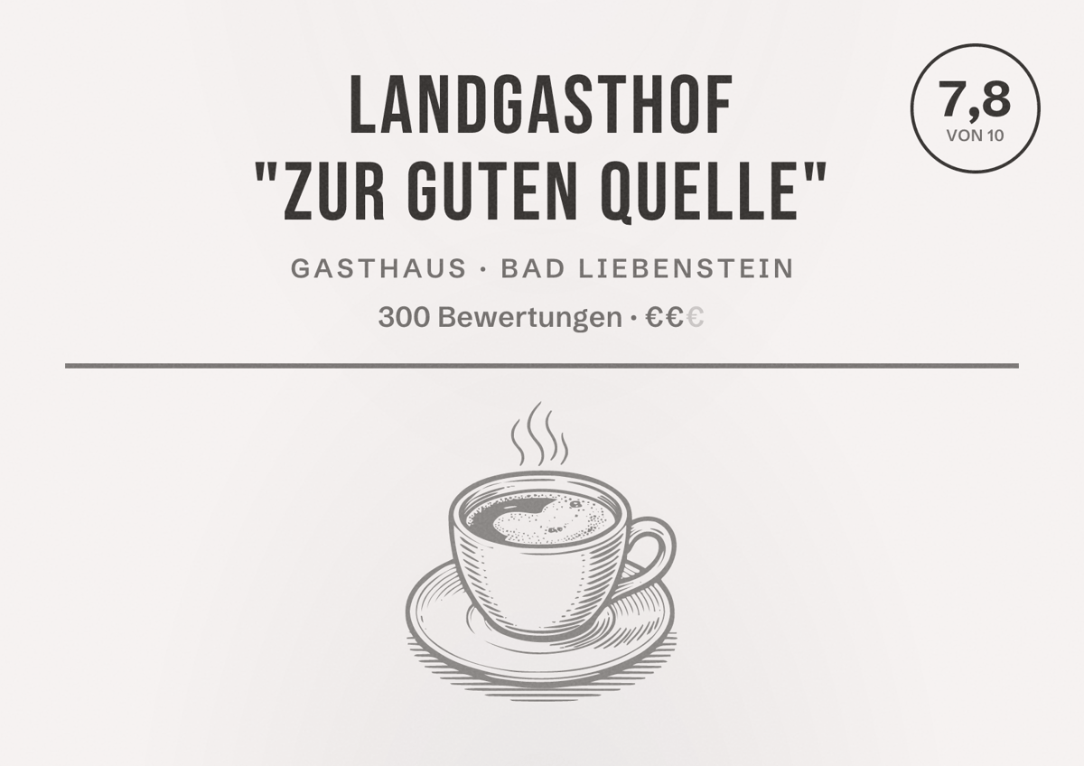 Illustriertes Poster von Landgasthof "Zur Guten Quelle", Gasthaus in Bad Liebenstein: Bewertung 7,8 von 10 aus 300 Bewertungen, Preisniveau €€