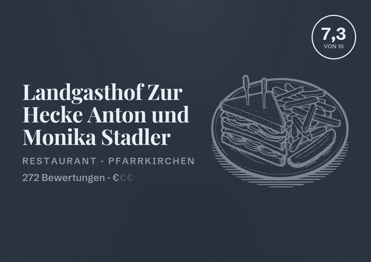 Illustriertes Poster von Landgasthof Zur Hecke Anton und Monika Stadler, Restaurant in Pfarrkirchen: Bewertung 7,3 von 10 aus 272 Bewertungen, Preisniveau €