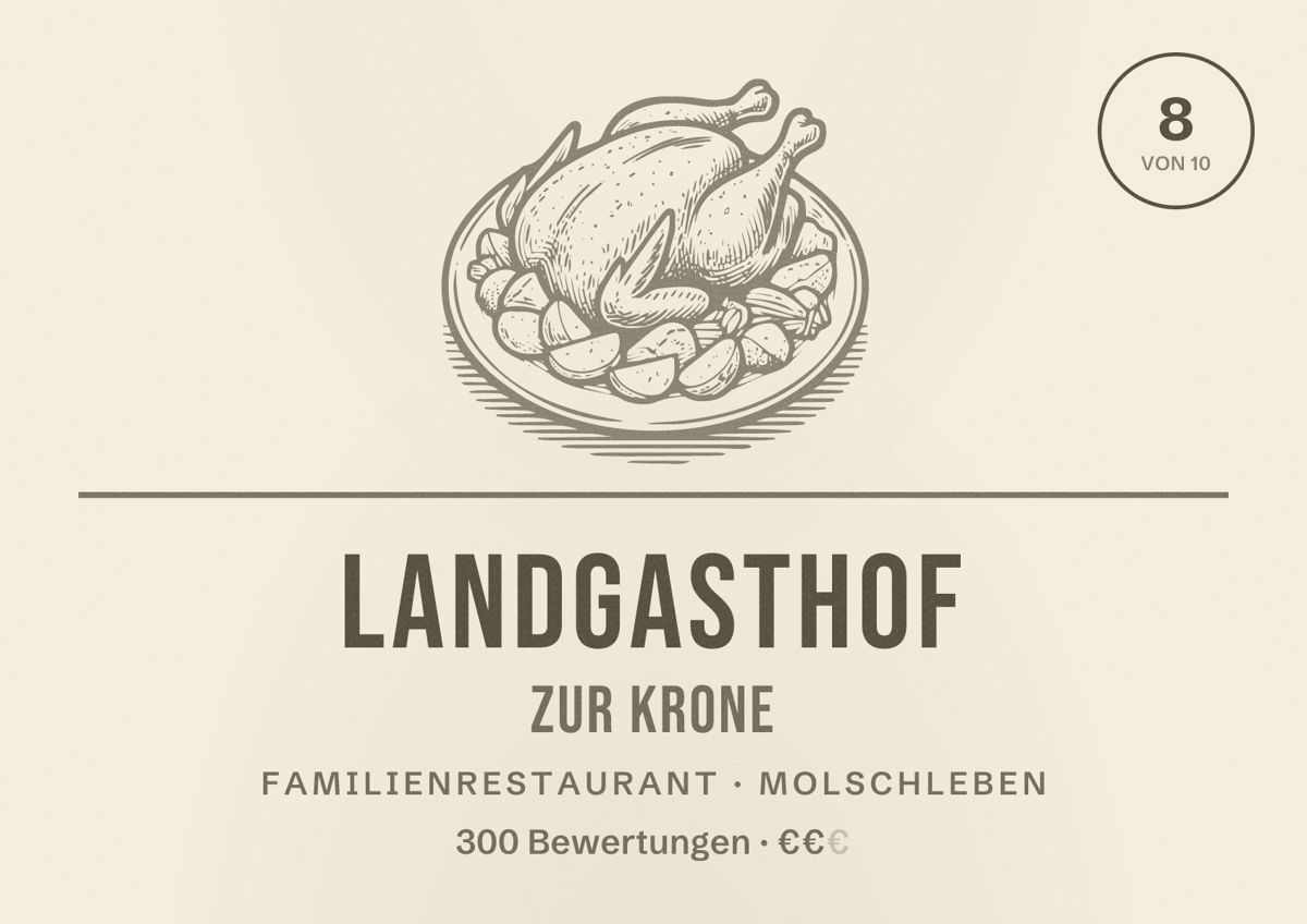 Illustriertes Poster von Landgasthof Zur Krone, Familienrestaurant in Molschleben: Bewertung 8 von 10 aus 300 Bewertungen, Preisniveau €€