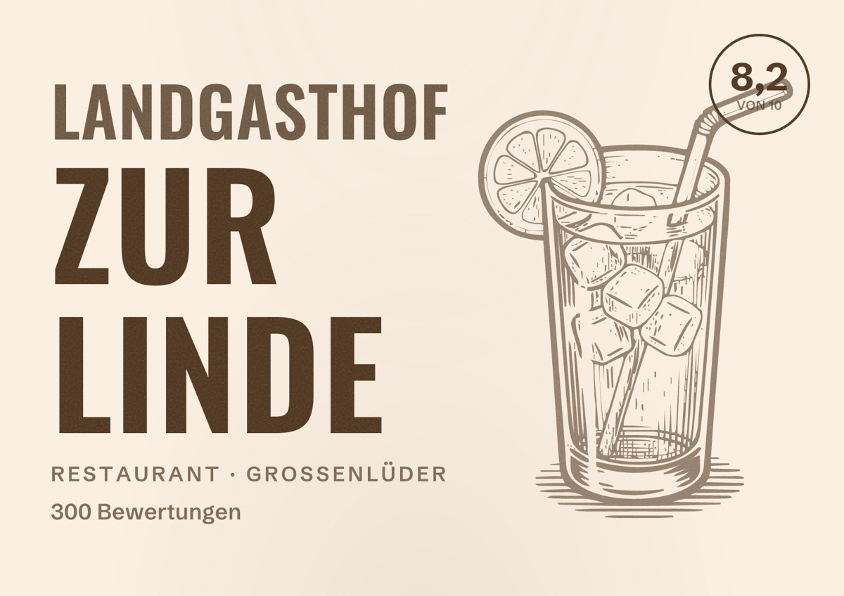 Illustriertes Poster von Landgasthof Zur Linde, Restaurant in Großenlüder: Bewertung 8,2 von 10 aus 300 Bewertungen